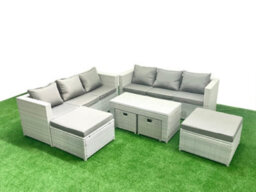 Fimous Rattan Garden Furniture Set Outdoor Lounger Sofa Coffee Table 4 Stools Light Grey 10 Seater - thumbnail 2