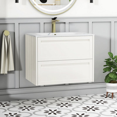 Royal Bathrooms Elmore 700mm Traditional Wall Hung 2 Drawer Bathroom Vanity Unit With Sintered Stone Basin Sink - Classic White - image 1
