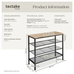Tectake Shoe Rack Newport - Surface Shelf And 3 Grid Shelves, Industrial Style -  - Industrial Wood Light, Oak Sonoma - thumbnail 6