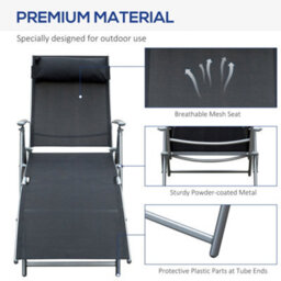 Outsunny Sun Lounger Recliner W/ Pillow Foldable 7 Levels Textilene Black - thumbnail 7