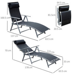 Outsunny Sun Lounger Recliner W/ Pillow Foldable 7 Levels Textilene Black - thumbnail 3
