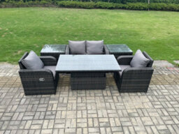 Fimous Outdoor Rattan Garden Furniture Set Height Adjustable Rising Lifting Dining Table Love Sofa With 2 Side Tables - thumbnail 1