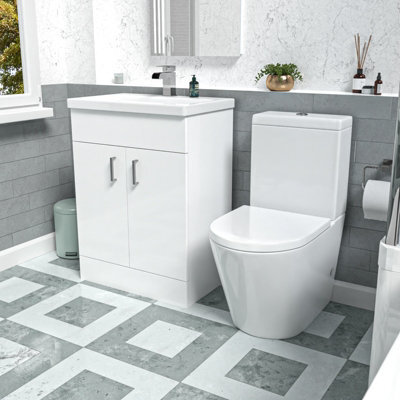 Nes Home White 600mm Basin Vanity Unit & Close Coupled Toilet - image 1