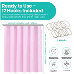 Neel Blue Shower Curtain With Hooks, Water-Resistant Vinyl Fabric, 180Cm X 180Cm Pink - thumbnail 2