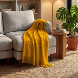 Living And Home Yellow Diamond-Patterned Knitted Tassel Blanket, 130Cm L X 170Cm W - thumbnail 2