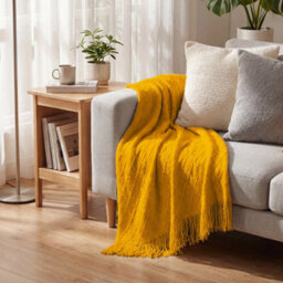 Living And Home Yellow Diamond-Patterned Knitted Tassel Blanket, 130Cm L X 170Cm W - thumbnail 1