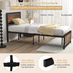 Costway Single Size Bed Frame Heavy-Duty Industrial Metal Platform Bed W/high Headboard - thumbnail 5