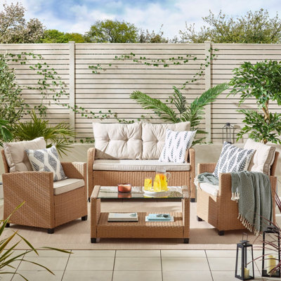 Furnitureboxuk Arizona Rattan 4 Seat Outdoor Sofa Set - Beige Light Brown Garden Sofa Chairs & Coffee Table For Patio And Deck - image 1