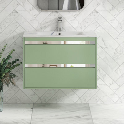 Royal Bathrooms Orion 800mm Mint Sage 2 Drawer Wall Hung Bathroom Vanity Unit With Carrara White Basin & Chrome Accent Trim - image 1