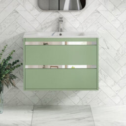 Royal Bathrooms Orion 800mm Mint Sage 2 Drawer Wall Hung Bathroom Vanity Unit With Carrara White Basin & Chrome Accent Trim - thumbnail 1