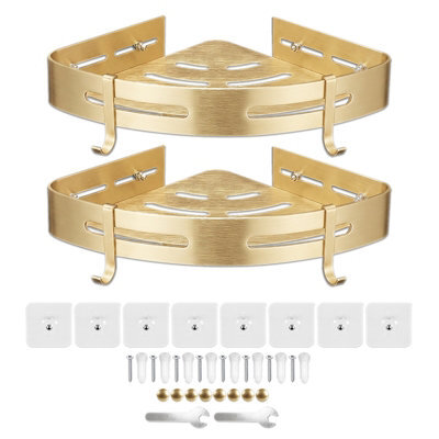 Spares2Go Luxury Shower Corner Shelf Storage Rack Bathroom Kitchen Bedroom Caddy Organiser (Brushed Gold, Pack Of 2) - image 1