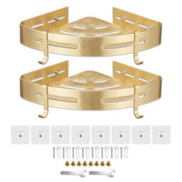 Spares2Go Luxury Shower Corner Shelf Storage Rack Bathroom Kitchen Bedroom Caddy Organiser (Brushed Gold, Pack Of 2) - thumbnail 1