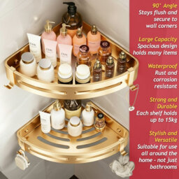 Spares2Go Luxury Shower Corner Shelf Storage Rack Bathroom Kitchen Bedroom Caddy Organiser (Brushed Gold, Pack Of 2) - thumbnail 4