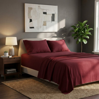 Soft Plain Brushed Cotton Fitted Flat Sheet Matching Pillowcases Set Red - image 1