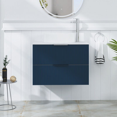 Royal Bathrooms Evora 700mm Midnight Blue Fluted Wall Hung Vanity Unit 2 Drawer With Carrara White Undrilled Worktop - image 1