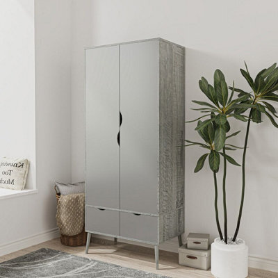 Urbn-Living Urbnliving 180Cm Height Ash Grey Wardrobe With Grey 2 Door 2 Drawer Scandi Legs Cupboard Hanging Rail Unit - image 1