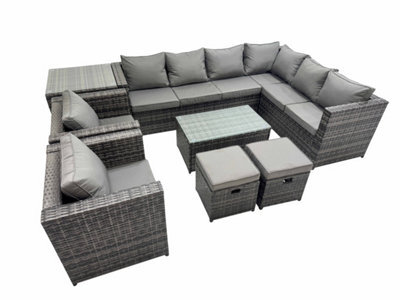Fimous Patio Sofa Oblong Coffee Table Set Rattan Garden Furniture Set With 2 Chairs 2 Small Stools Side Table Dark Grey Mixed - image 1