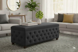 137Cm Wide Empire Ottoman Storage Box With Legs, Black Velvet Chesterfield Upholstered Ottoman Footstool Coffee Table