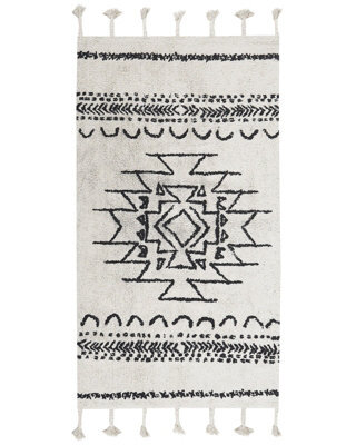 Beliani Hand-Tufted Cotton Rug 80 X 150 Cm - Off-White And Black Geometric With Tassels - image 1