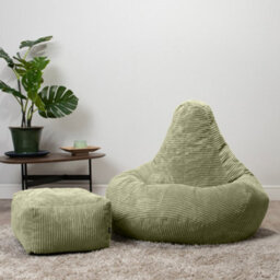 icon Dalton Cord Adults Bean Bag Recliner And Pouffe, Ready Filled Beanbag And Footstool Sage Green