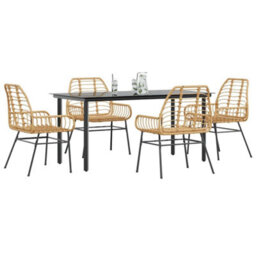 Berkfield 5 Piece Garden Dining Set Brown Poly Rattan Glass