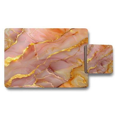 Benjamin Tate Design Gold Veined Pink Marble Placemat And Coaster Set Signature Collection For Elegant Table Settings - image 1