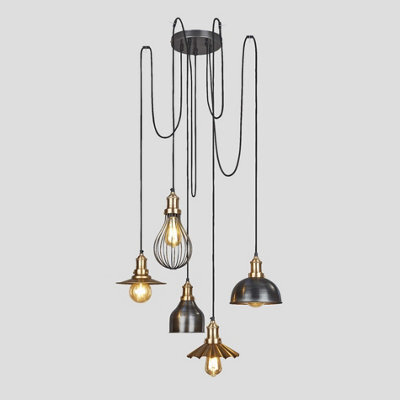 Industville Brooklyn 5 Wire Pendant, Brass, Incl Shades - image 1