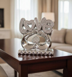 Biznest Love Letters On Heart Ornament Silver Art Deco Ceramic With Crushed Crystal Polished Chrome Diamond Shape Sparkling Luxury