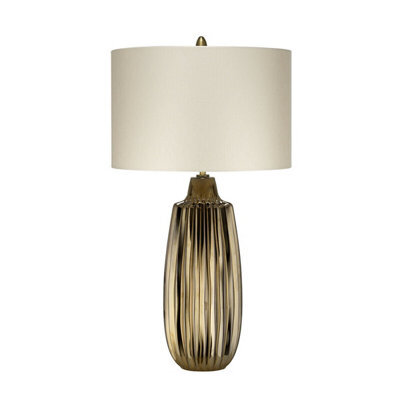 Elegant Pearl Textured Satin Shade Table Lamp With Bronze Ceramic Base - image 1