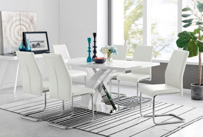 Furniturebox Atlanta White High Gloss And Chrome 6 Seater Dining Table With Statement X Shaped Legs And 6 White Faux Leather Lorenzo Chairs - image 1