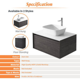 Plum&clay Matterhorn Dark Oak Wall Hung Bathroom Vanity Unit With White Countertop (W)750mm (H)450mm - thumbnail 4