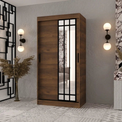 Arten Almeria Oak Walnut 100Cm Sliding Wardrobe With Mirrored Door - image 1