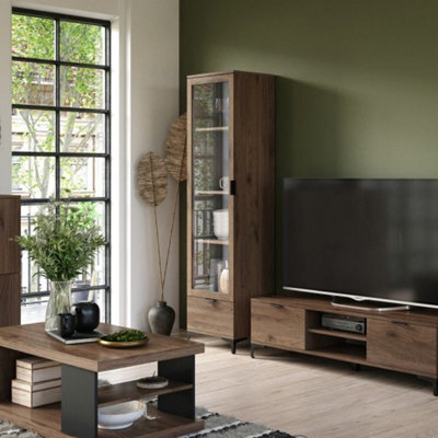 Heze Furniture Lana Modern Display Cabinet With Glass Door And Drawer In Elegant Walnut - image 1