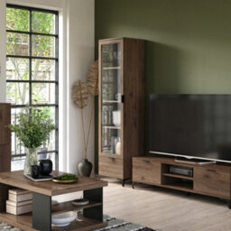 Heze Furniture Lana Modern Display Cabinet With Glass Door And Drawer In Elegant Walnut