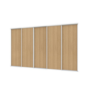 A-Class Sliding Doors Set Of 5 Mid Oak Sliding Wardrobe Door Kit In White Frame & Tracks, Opening Height (H) 225-226Cm & Width (W) 295-296Cm - image 1