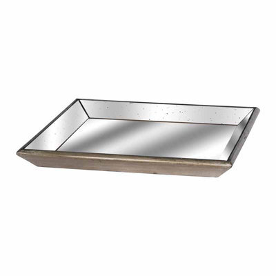 Astor  Distressed  Mirrored  Square  Tray  W/wooden  Detailing  Lge - image 1