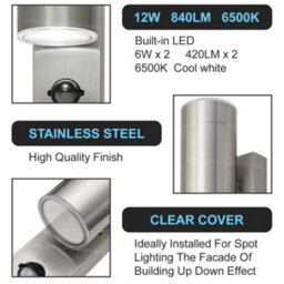 Long Life Lamps Company 12W Led Double Outdoor Wall With Pir Movement Sensor Stainless Steel Cool White Zlc365Sen - thumbnail 7