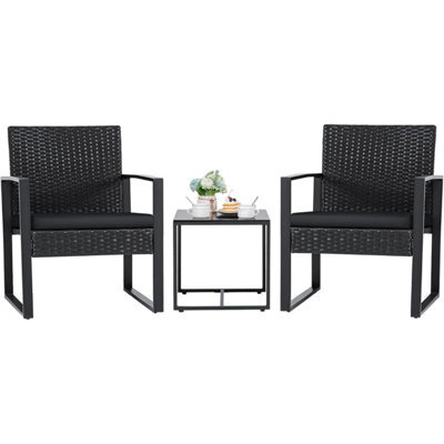 Taylor & Brown 3Piece Bistro Set, Rattan Outdoor Furniture With Cushioned Chairs & Glass Table, Garden/patio/poolside (Black) - image 1