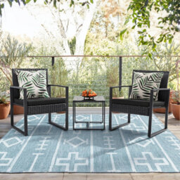 Taylor & Brown 3Piece Bistro Set, Rattan Outdoor Furniture With Cushioned Chairs & Glass Table, Garden/patio/poolside (Black) - thumbnail 4