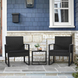 Taylor & Brown 3Piece Bistro Set, Rattan Outdoor Furniture With Cushioned Chairs & Glass Table, Garden/patio/poolside (Black) - thumbnail 3