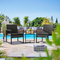 Taylor & Brown 3Piece Bistro Set, Rattan Outdoor Furniture With Cushioned Chairs & Glass Table, Garden/patio/poolside (Black) - thumbnail 2