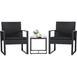 Taylor & Brown 3Piece Bistro Set, Rattan Outdoor Furniture With Cushioned Chairs & Glass Table, Garden/patio/poolside (Black) - thumbnail 1