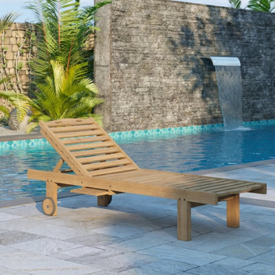 Eterna Home Natural Solid Teak Wood Outdoor Garden Sun Lounger With Pull Out Table L200Cm X W65Cm