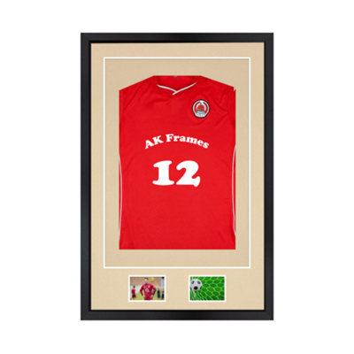 "AK Frames 90X60Cm Matte Black Football Shirt Frame With Ivory Mount - 58X40Cm Shirt Window Plus Two 5X3.5"" Photo Apertures" - image 1