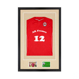 "AK Frames 90X60Cm Matte Black Football Shirt Frame With Ivory Mount - 58X40Cm Shirt Window Plus Two 5X3.5"" Photo Apertures" - thumbnail 1