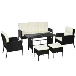 Wyld Haus Coma 7-Seater Black Pe Rattan Garden Sofa Set With Cream Cushions, Footstools And Glass Dining Table - thumbnail 2