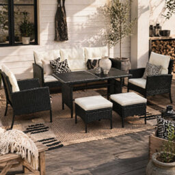 Wyld Haus Coma 7-Seater Black Pe Rattan Garden Sofa Set With Cream Cushions, Footstools And Glass Dining Table