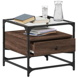 Berkfield Coffee Table With Glass Top Brown Oak 50X50X45 Cm Steel - thumbnail 3