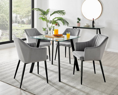 Furniturebox Seattle Scandi Inspired Glass And Black Metal Leg Square Dining Table & 4 Grey Calla Velvet Black Leg Chairs - image 1