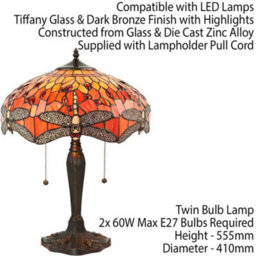 Tiffany Glass Table Lamp Light Dark Bronze Base & Orange Dragonfly Shade I00197 - thumbnail 2